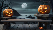 One Spooky Halloween Pumpkin, Jack O Lantern, With An Evil Face And Eyes On A Wooden Bench, Table With A Misty Gray Coastal Night Background With Space For Product Placement