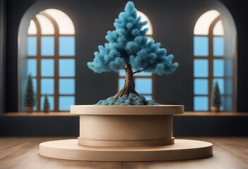 Wall Mural - pine tree illustration presentation 3d product podium blue render Mock 3d