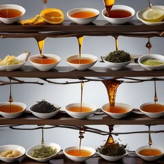 Canvas Print - Array of tea splashes with tea bags and loose tea leaves5