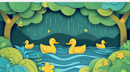 Wall Mural - paper cut illustration of nature scenery in summer and rainy season with yellow ducks