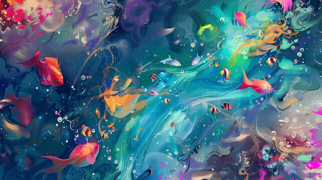 Colorful fantasy underwater world with beautiful fishes. Oil painting in an abstract style. Generative AI. fish. Illustrations