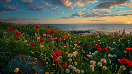 Turquoise Tranquility: A New England Shoreline Blooms with Wildflowers