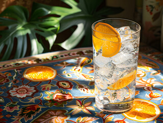 Wall Mural - A glass of water with an orange slice and ice cubes, placed on a blue surface with a reflection. 