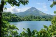 Discover the lush vegetation of a volcanic island, where tropical forests thrive in the fertile soil created by centuries of volcanic activity, Generative AI