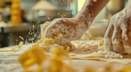 Wall Mural - A close-up shot of hands making fresh pasta, focusing on the textures and colors of the dough being twisted into noodle or fettuccine shapes