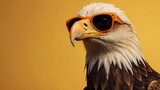 Portrait of a bald eagle wearing sunglasses on a yellow background.