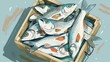 Crate of freshly caught fish. fish. Illustrations