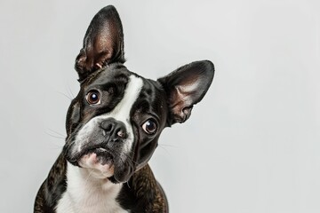 Wall Mural - Studio headshot portrait of Boston terrier dog with head tilted looking forward against a white background