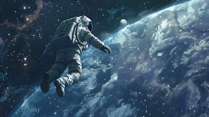 Artistic Style Painting Drawing of Spaceman Astronaut Floating in the Space Chilling in the Galaxy Aspect 16:9