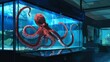 Octopus crawls on the glass of the aquarium. animals. Illustrations