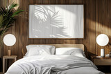 Fototapeta  - interior picture frame, mockup over bed in modern bedroom. Wall art mock-up. Generative AI.