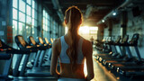 Fototapeta Przestrzenne - A woman with long hair is standing in a gym.ai generative