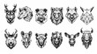 Set of polygonal animal portraits. Collection of geometric animal heads. Black white illustration. Linear art. Tattoo. animals. Illustrations