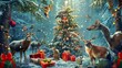 in the forest there is a christmas tree surrounded with gifts and animals. animals. Illustrations