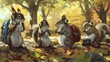 A Playful and Stylish Group of Squirrels Wearing Headphones and Backpacks in an Urban Park. animals. Illustrations