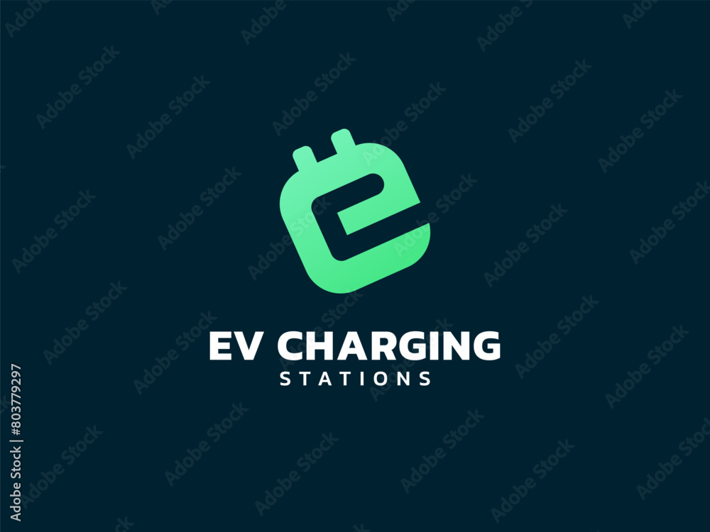 Electric vehicle charging letter e with EV Plug Connector Symbol logo ...