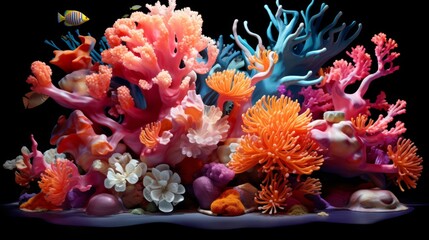 Wall Mural - A rare sight of a deep-sea coral reef, bursting with color against the contrasting dark water, perfect for environmental documentaries,