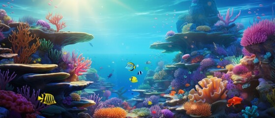 Wall Mural - Peaceful coral reef underwater scene with tropical fish, vibrant corals and filtered sunlight,