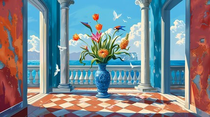 Sea view room corner illustration poster background