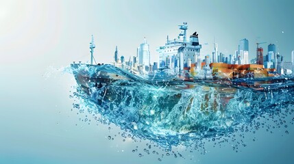 A bustling harbor scene featuring a cargo ship against a background of sky and cityscape, with splashes of water adding dynamism