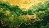 Fototapeta  - Green and gold vine pattern poster background