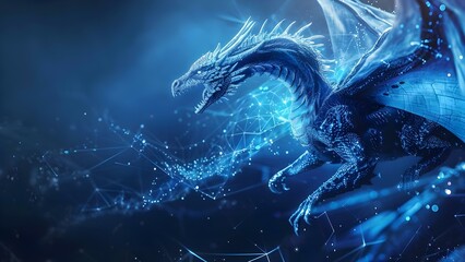Abstract flying dragon on dark blue background symbolizing artificial intelligence and data . Concept Artificial Intelligence, Technology, Abstract Art, Dragons, Data Science