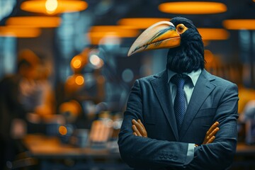 A Hornbill in a crisp business suit, standing confidently in a bustling corporate office, surrounded by impressed human colleagues, AI Generative