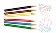Set of six colored pencils with their drawing marks on a white background. Vector illustration.