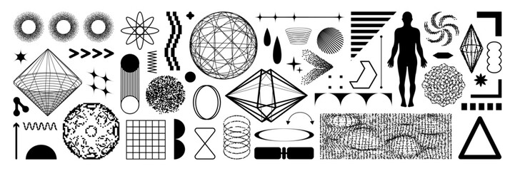 set of graphic geometric assets with a pixelated shape. vector stipple element in retro futuristic s