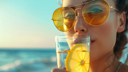 close up portrait of beautiful woman in sunglasses drinks cocktail on the beach, copy space for text