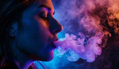 Wall Mural - Captivating portrait of a young Caucasian woman exhaling smoke under colorful lights