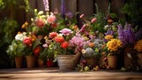 Fototapeta Storczyk - Garden flowers on wooden table background Generative AI