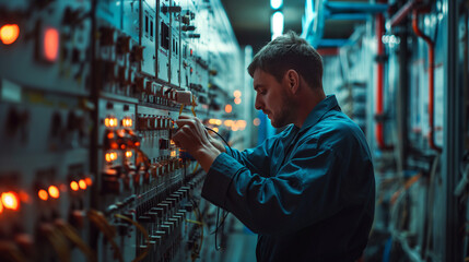 Wall Mural - person in the night a backdrop of fluorescent lights and rows of electrical equipment, a dedicated electrician meticulously inspects and repairs a switchboard