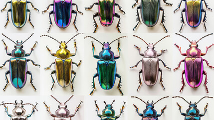 Poster - A grid of various colored iridescent shiny jewel beetle illustrations on a white background.