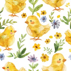 yellow easter chick seamless pattern, cute baby chicks, white background