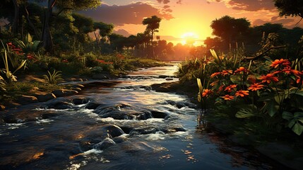 Wall Mural - sunrise over the river