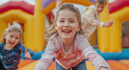 Two children having fun on an inflatable bouncy castle at the school spring festival, jumping and sliding down it while laughing together.