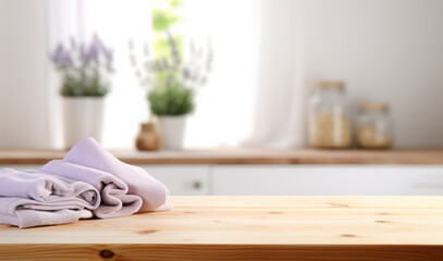 Empty wooden table top with blurred white laundry room interior background for product display montage, clean composition, high resolution photography, insanely detailed, fine details, mockup design