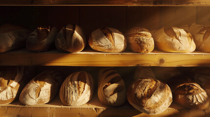 Wall Mural - On the shelves are freshly baked loaves of bread, looking beautiful. The food is delicious and appealing. The bakery has tasty pastries.