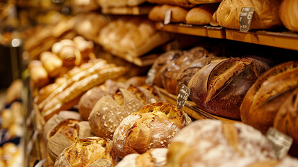 Wall Mural - The shelves hold freshly baked loaves of bread that look beautiful. The food is tasty and attractive. Delicious pastries are in the bakery.