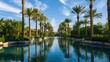 Pristine desert oasis with lush palm trees and sparkling blue waters, a welcome respite from the heat.