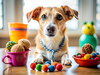 close-up cute and playful dog with different pet accessories.