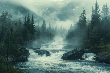 Wall Mural - A cinematic still of the wild river in Norway, surrounded by forest and mountains. Created with Ai