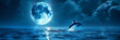 A big, beautiful full moon, a calm sea, a dolphin jumping high