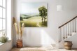 A serene landscape painting depicting a peaceful countryside scene hanging elegantly on a white interior wall.
