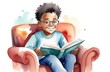 black boy reading interesting book in armchair, watercolor illustration. children education