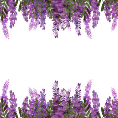 Wall Mural - llustration of wisteria in watercolor, hand-drawn to create a floral border, transparent background