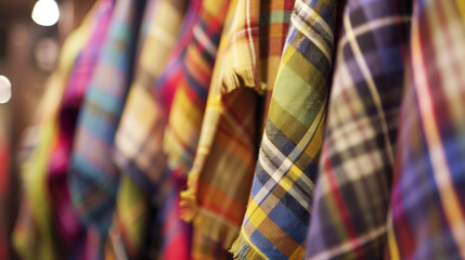 A row of vibrant scarves displayed on a wall with various patterns and colors