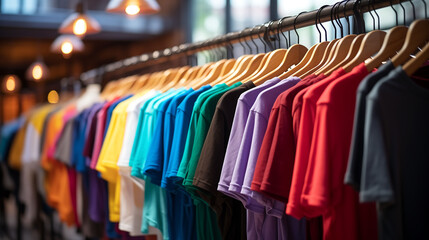 Fashion clothes on Multicolored Casual T Shirts on Wooden Hangers in Clothing Rack Rainbow Colors T-Shirts Ai Generated
