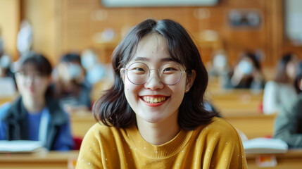 Wall Mural - Portrait of a Korean asian happy university student sitting in a college lecture hall